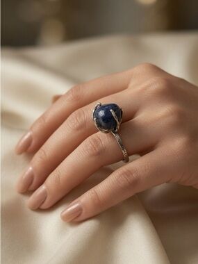 Lapis Lazuli Deep Blue Round Gemstone - S925 Adjustable Ring